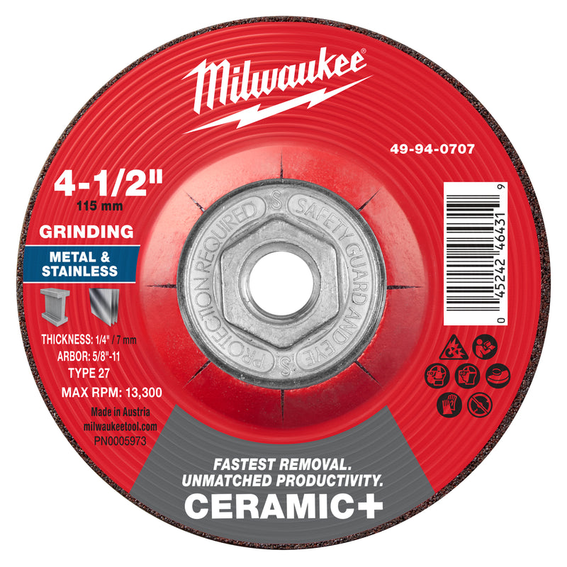 Milwaukee 49-94-0707 4-1/2" x 1/4" x 5/8"-11 Ceramic+ Metal Grinding Wheel - Type 27 - Ace Tool Group - Milwaukee Tool