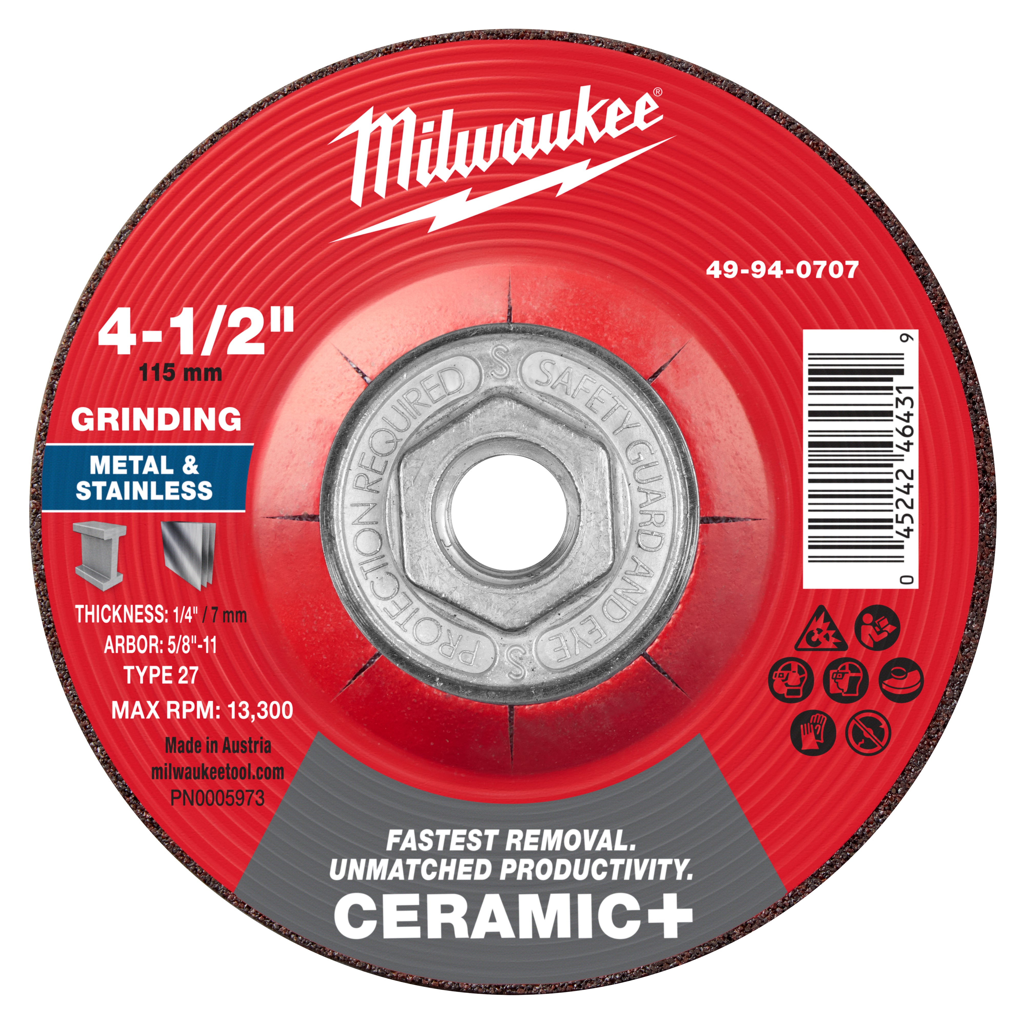 Milwaukee 49-94-0707 4-1/2" x 1/4" x 5/8"-11 Ceramic+ Metal Grinding Wheel - Type 27 - Ace Tool Group - Milwaukee Tool