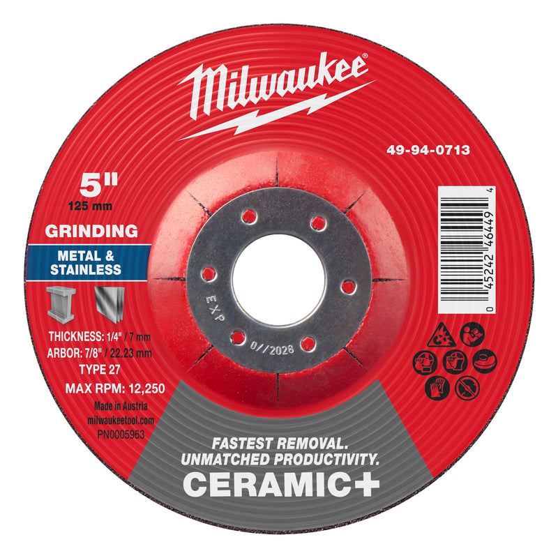 Milwaukee 49-94-0713 5" x 1/4" x 7/8" Ceramic+ Metal Grinding  Wheel - Type 27 - Ace Tool Group - Milwaukee Tool