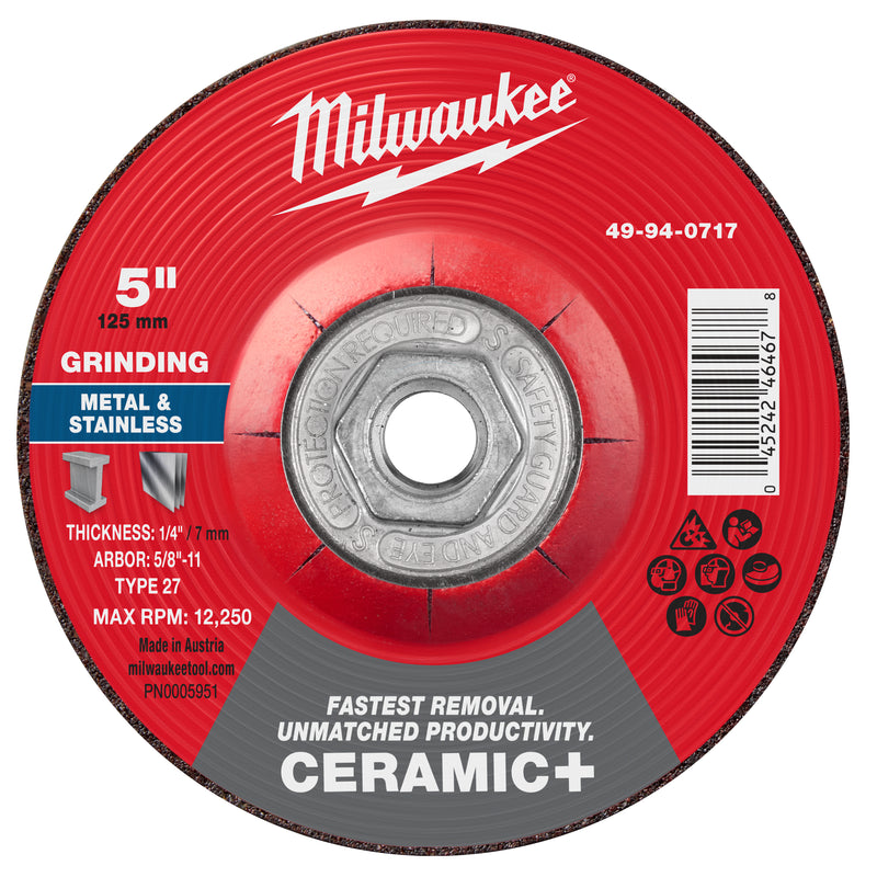 Milwaukee 49-94-0717 5" x 1/4" x 5/8"-11 Ceramic+ Metal Grinding Wheel - Type 27 - Ace Tool Group - Milwaukee Tool