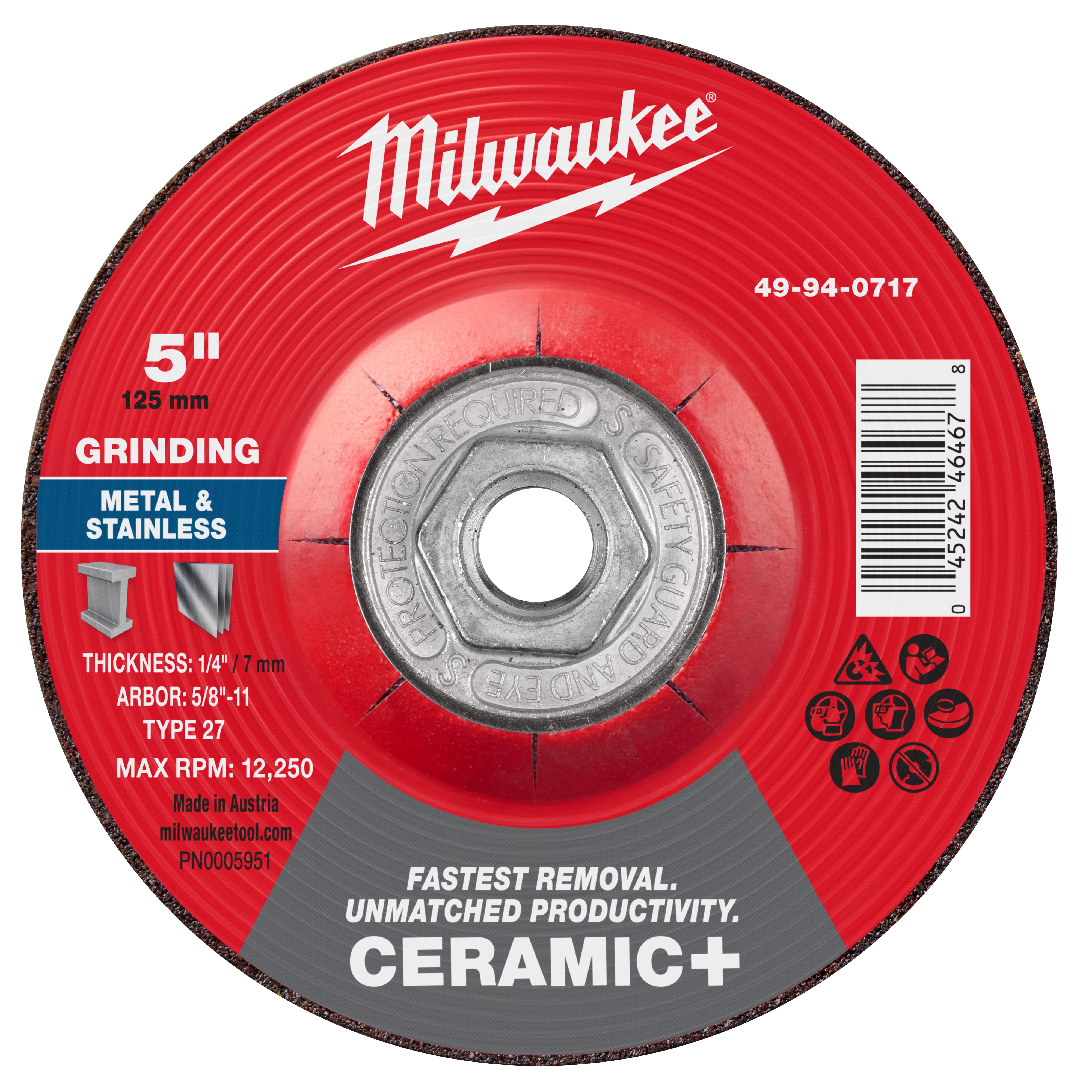 Milwaukee 49-94-0717 5" x 1/4" x 5/8"-11 Ceramic+ Metal Grinding Wheel - Type 27 - Ace Tool Group - Milwaukee Tool