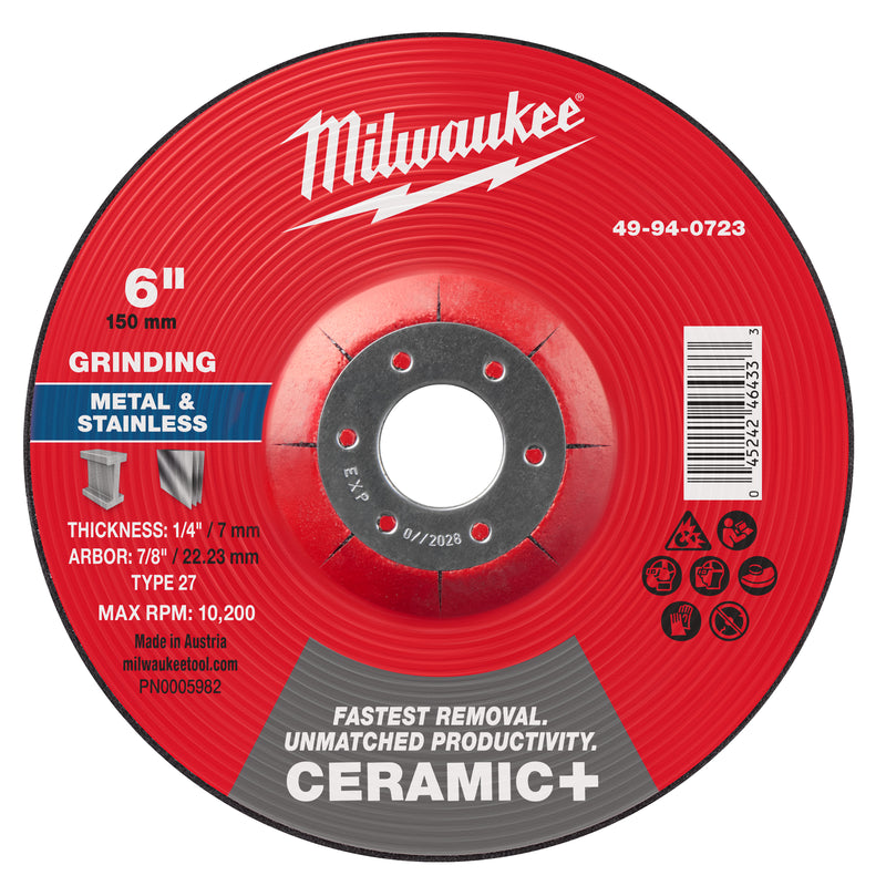 Milwaukee 49-94-0723 6" x 1/4" x 7/8" Ceramic+ Metal Grinding Wheel - Type 27 - - Ace Tool Group - Milwaukee Tool