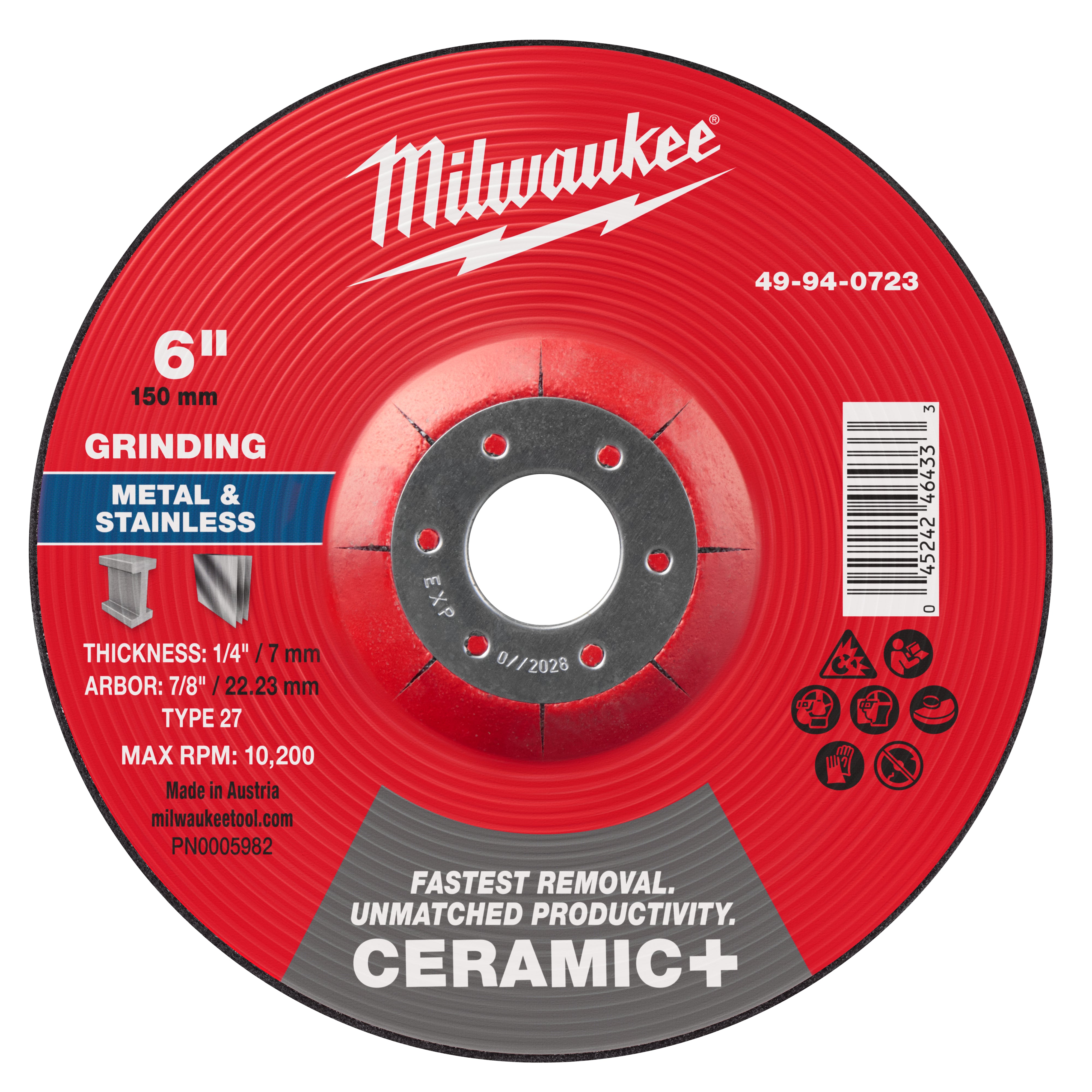 Milwaukee 49-94-0723 6" x 1/4" x 7/8" Ceramic+ Metal Grinding Wheel - Type 27 - - Ace Tool Group - Milwaukee Tool