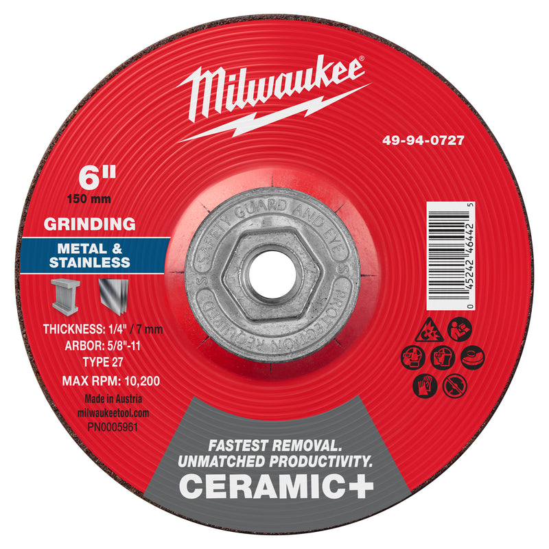 Milwaukee 49-94-0727 6" x 1/4" x 5/8"-11 Ceramic+ Metal Grinding Wheel - Type 27 - Ace Tool Group - Milwaukee Tool