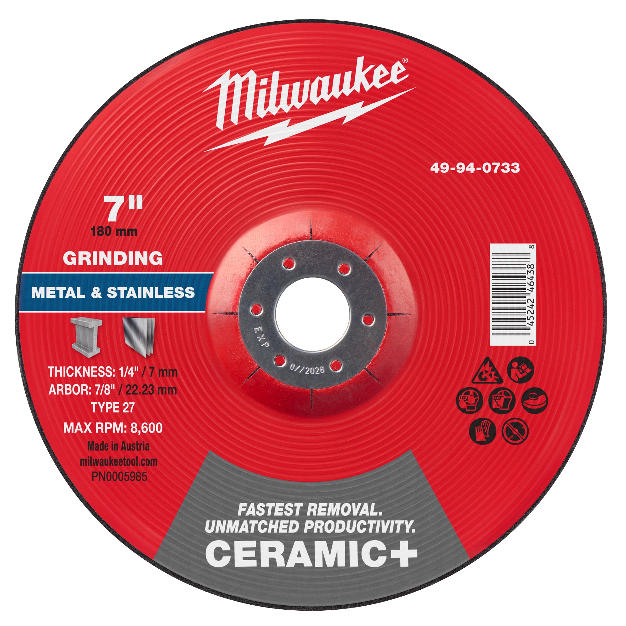 Milwaukee 49-94-0733 7" x 1/4" x 7/8" Ceramic+ Metal Grinding Wheel - Type 27 - Ace Tool Group - Milwaukee Tool