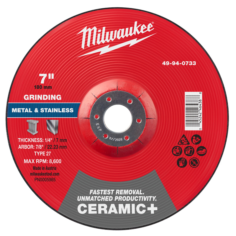 Milwaukee 49-94-0733 7" x 1/4" x 7/8" Ceramic+ Metal Grinding Wheel - Type 27 - Ace Tool Group - Milwaukee Tool