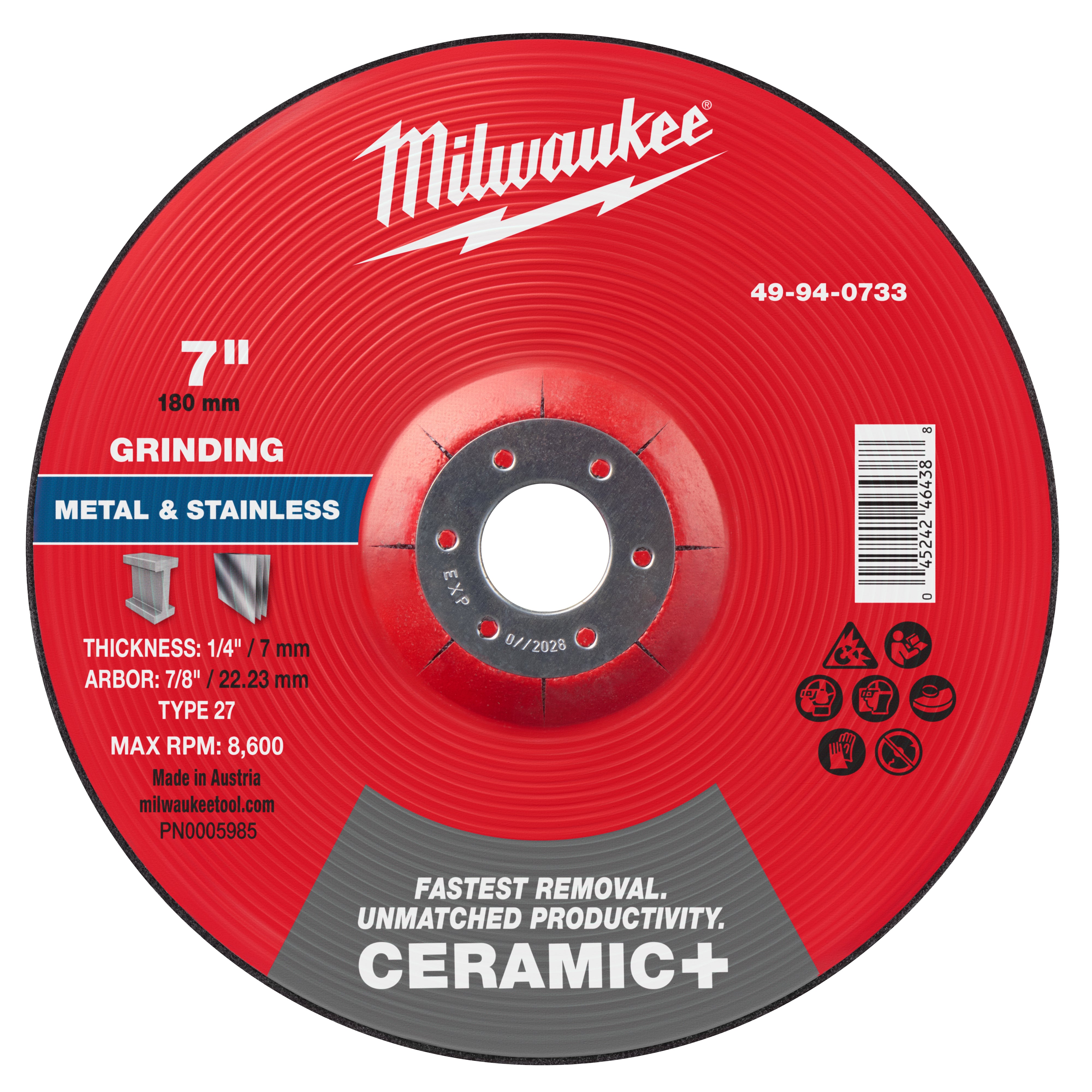 Milwaukee 49-94-0733 7" x 1/4" x 7/8" Ceramic+ Metal Grinding Wheel - Type 27 - Ace Tool Group - Milwaukee Tool