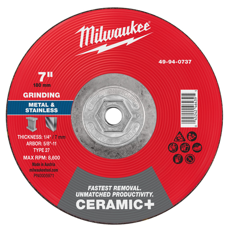 Milwaukee 49-94-0737 7" x 1/4" x 5/8"-11 Ceramic+ Metal Grinding Wheel - Type 27 - Ace Tool Group - Milwaukee Tool