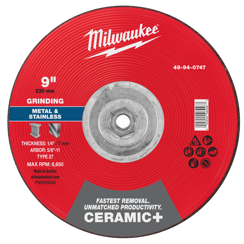 Milwaukee 49-94-0747 9" x 1/4" x 5/8"-11 Ceramic+ Metal Grinding Wheel - Type 27 - Ace Tool Group - Milwaukee Tool