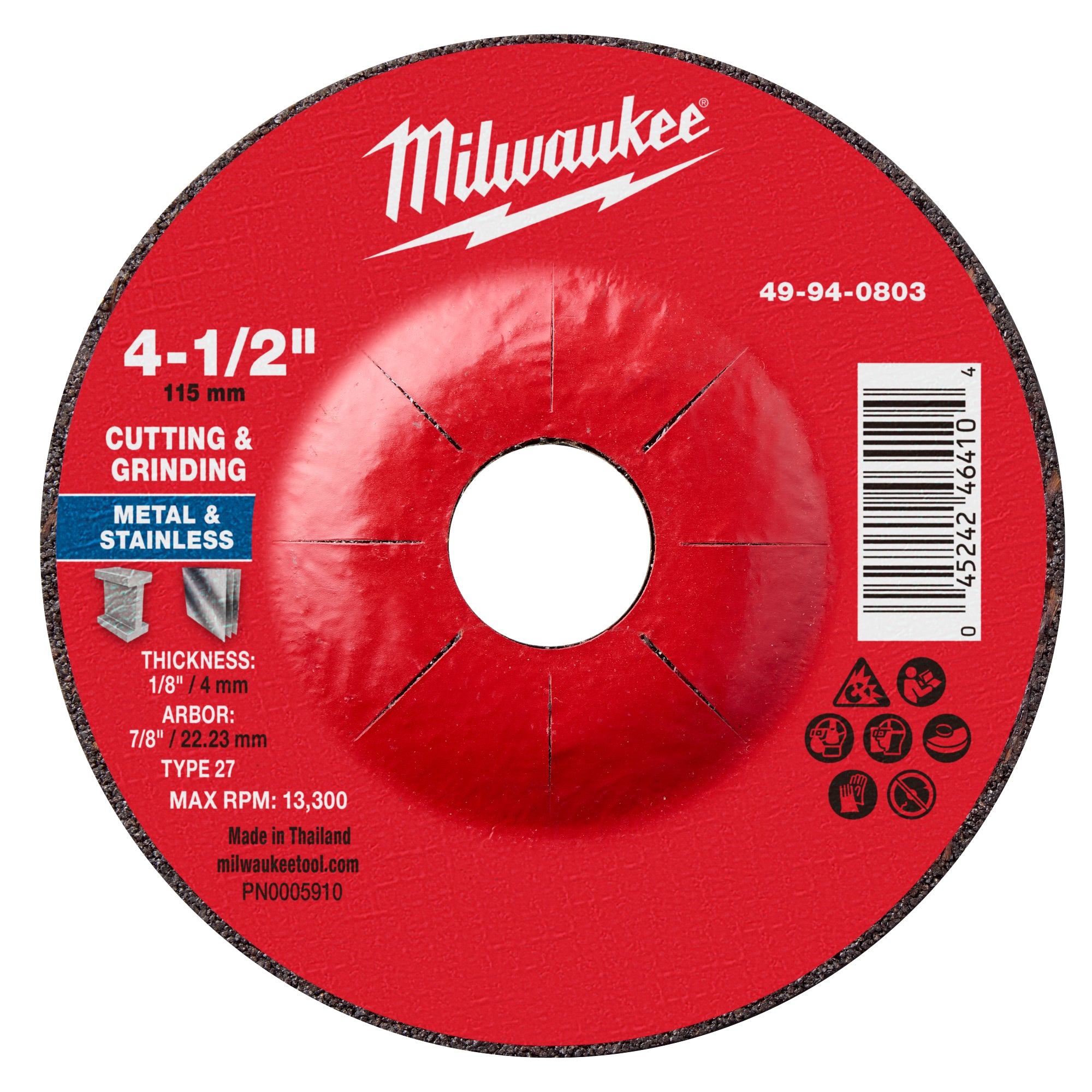 Milwaukee 49-94-0803 4-1/2" x 1/8" x 7/8" Dual Metal Cut & Grind Wheel - Type 27 - Ace Tool Group - Milwaukee Tool