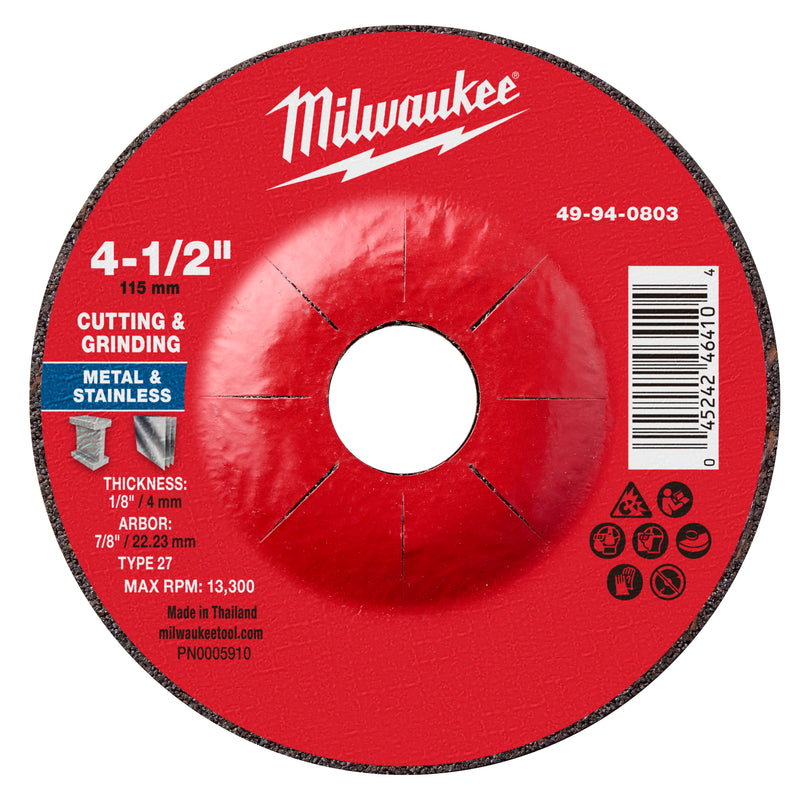 Milwaukee 49-94-0803 4-1/2" x 1/8" x 7/8" Dual Metal Cut & Grind Wheel - Type 27 - Ace Tool Group - Milwaukee Tool