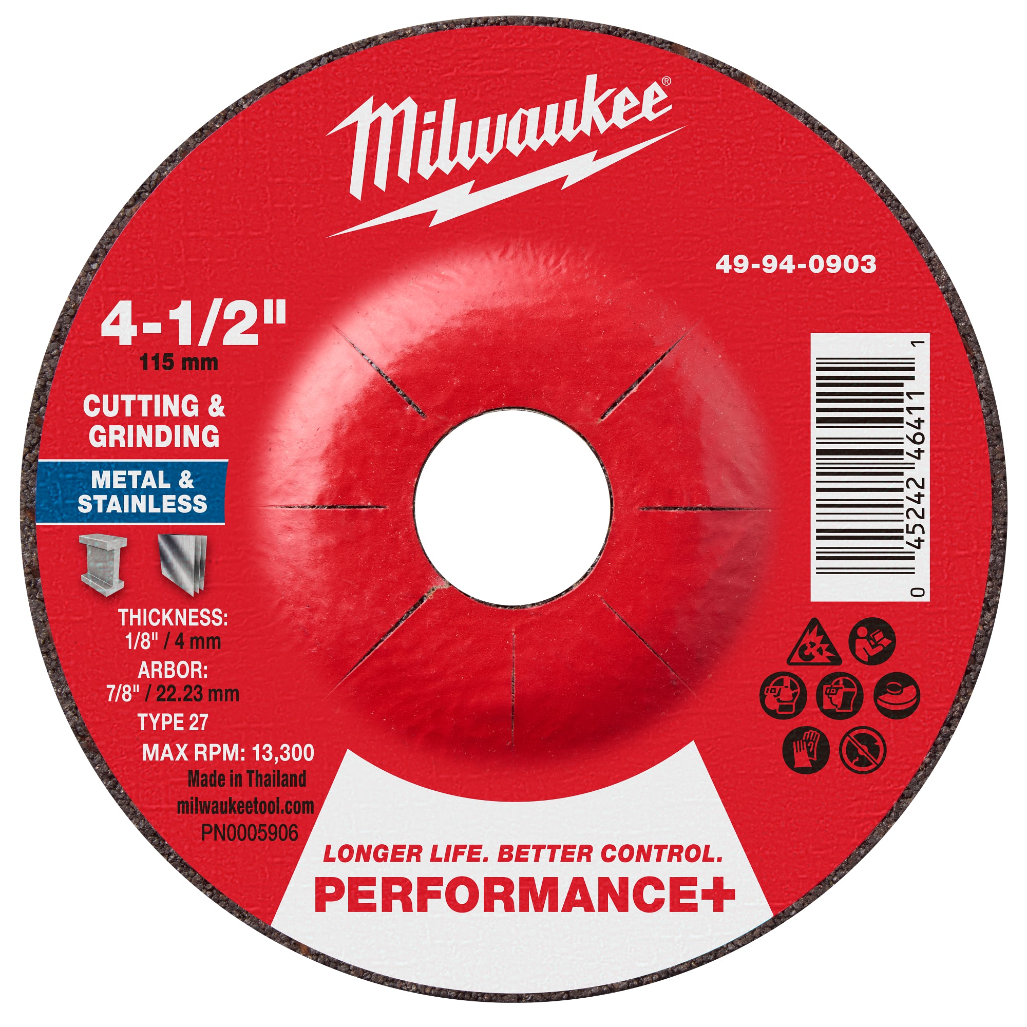 Milwaukee 49-94-0903 4-1/2" x 1/8" x 7/8" Performance+ Dual Metal Cut & Grind Wheel - Type 27 - Ace Tool Group - Milwaukee Tool