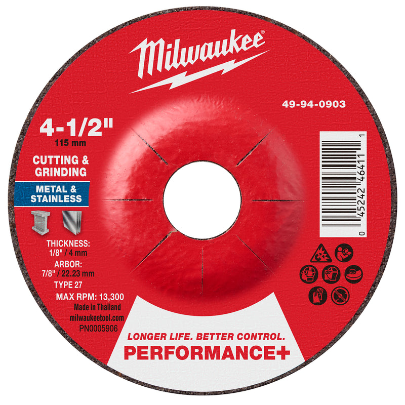 Milwaukee 49-94-0903 4-1/2" x 1/8" x 7/8" Performance+ Dual Metal Cut & Grind Wheel - Type 27 - Ace Tool Group - Milwaukee Tool