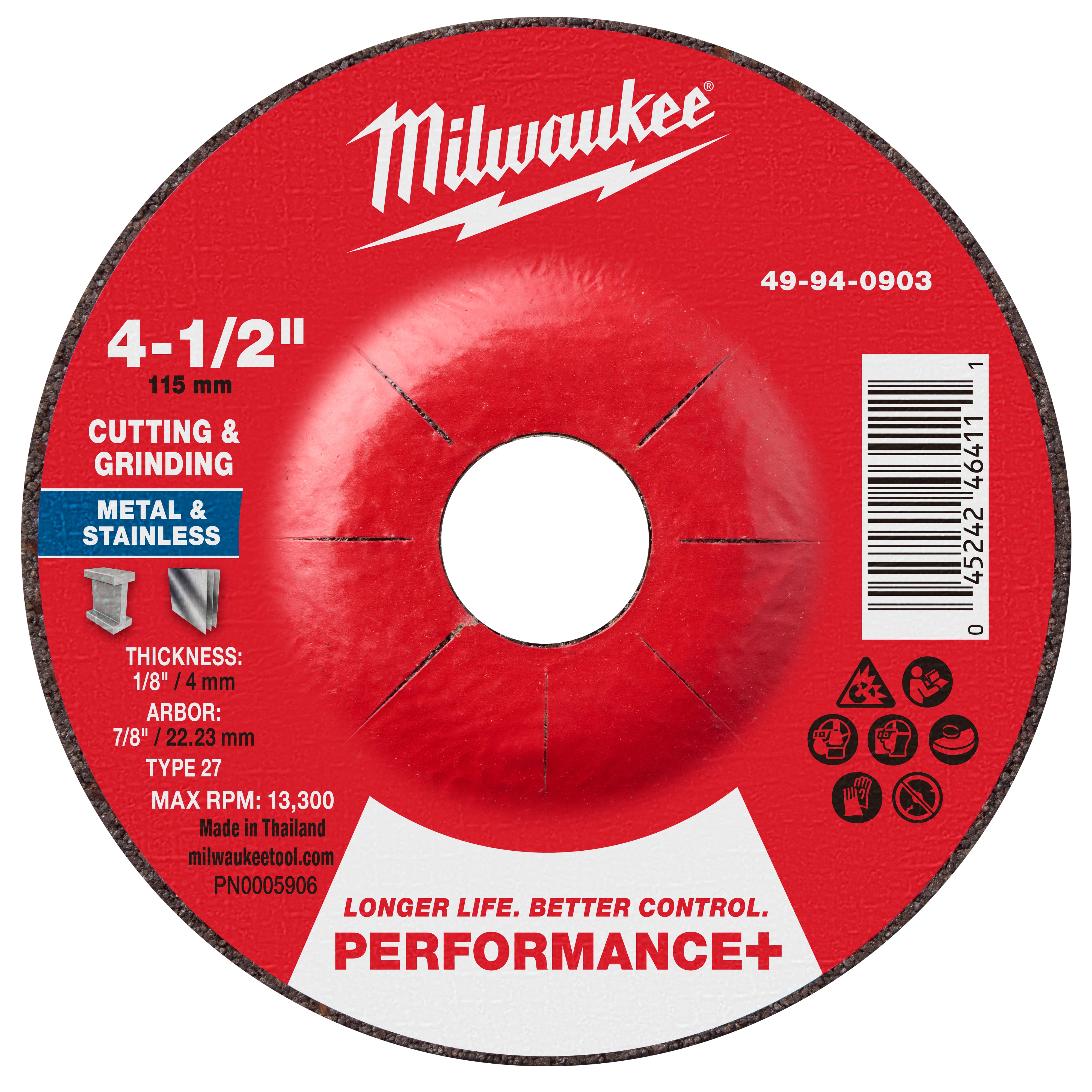 Milwaukee 49-94-0903 4-1/2" x 1/8" x 7/8" Performance+ Dual Metal Cut & Grind Wheel - Type 27 - Ace Tool Group - Milwaukee Tool