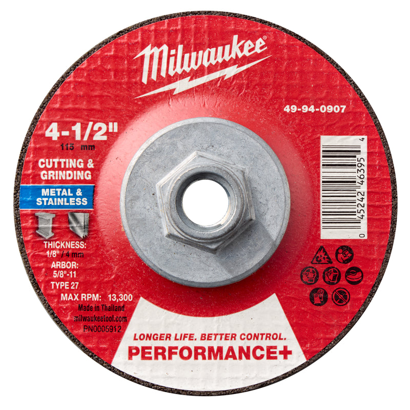 Milwaukee 49-94-0907 4-1/2" x 1/8" x 5/8-11" Performance+ Dual Metal Cut & Grind Wheel - Type 27 - Ace Tool Group - Milwaukee Tool