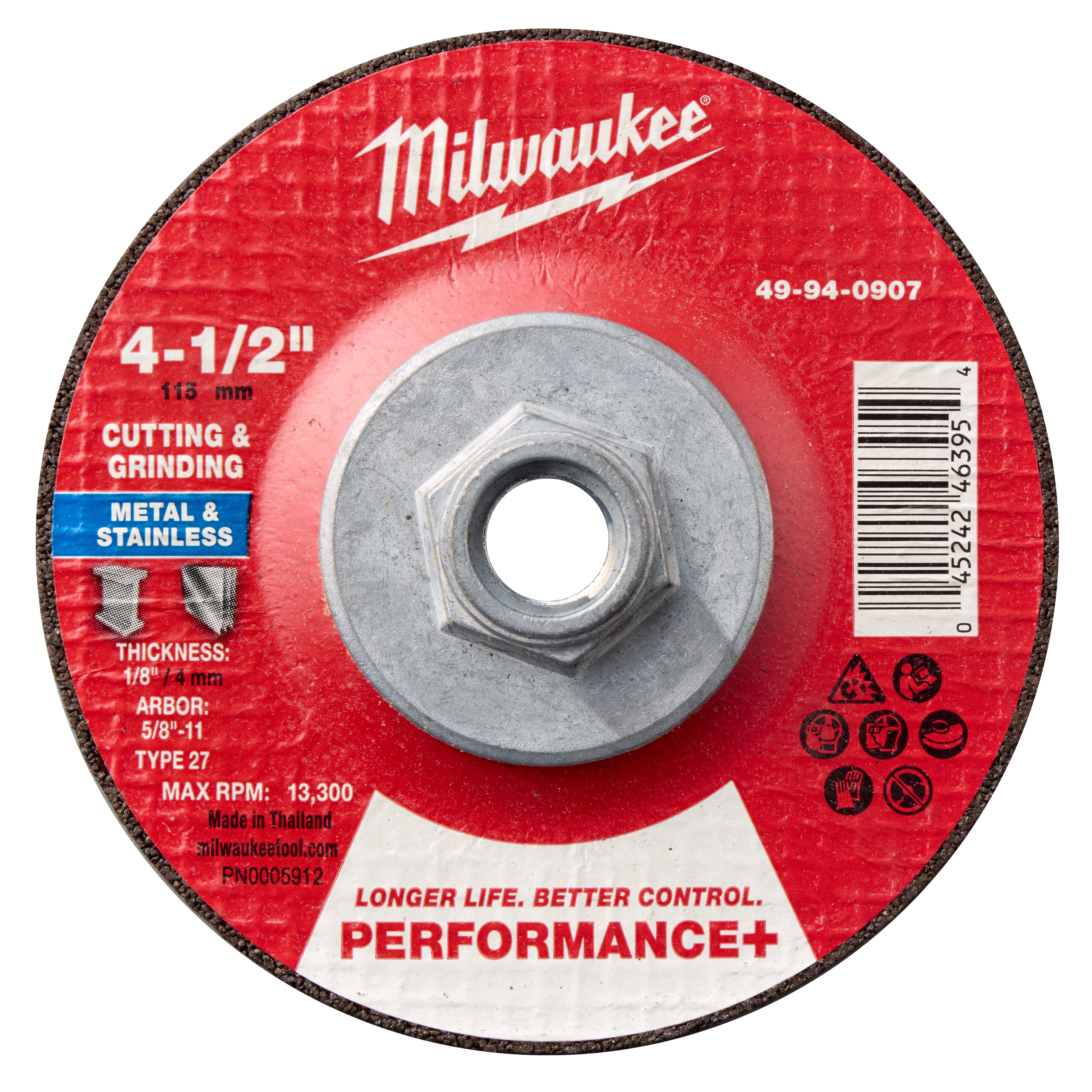 Milwaukee 49-94-0907 4-1/2" x 1/8" x 5/8-11" Performance+ Dual Metal Cut & Grind Wheel - Type 27 - Ace Tool Group - Milwaukee Tool