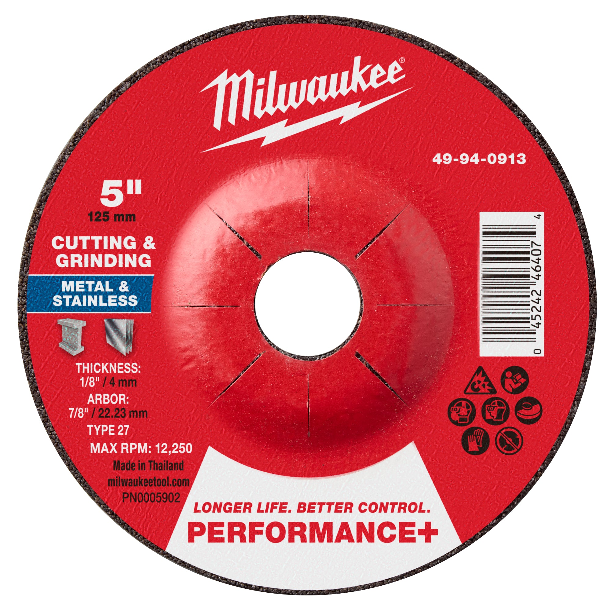Milwaukee 49-94-0913 5" x 1/8" x 7/8" Performance+ Dual Metal Cut & Grind Wheel - Type 27 - Ace Tool Group - Milwaukee Tool