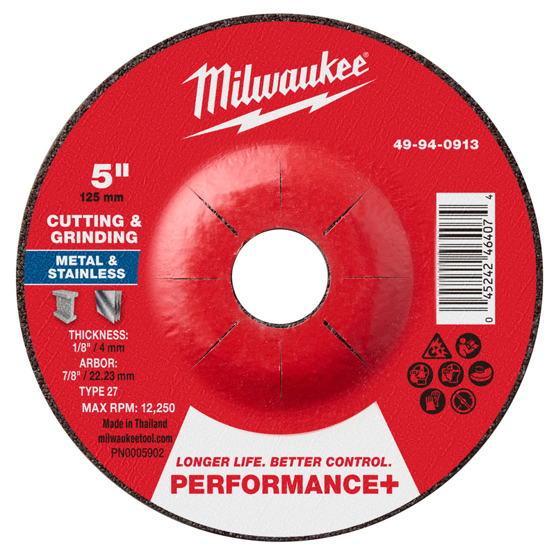 Milwaukee 49-94-0913 5" x 1/8" x 7/8" Performance+ Dual Metal Cut & Grind Wheel - Type 27 - Ace Tool Group - Milwaukee Tool