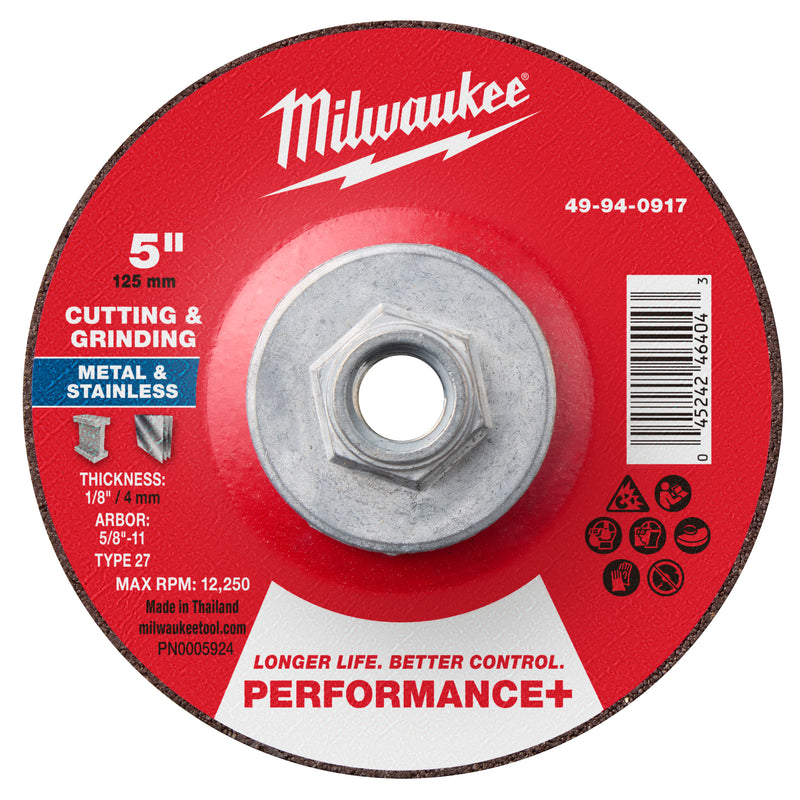 Milwaukee 49-94-0917 5" x 1/8" x 5/8"-11 Performance+ Dual Metal Cut & Grind Wheel - Type 27 - Ace Tool Group - Milwaukee Tool