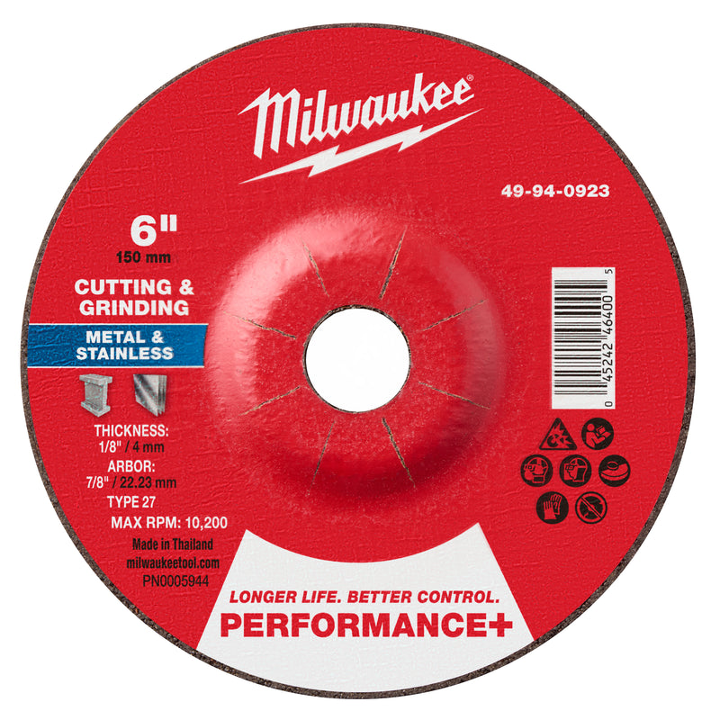 Milwaukee 49-94-0923 6" x 1/8" x 7/8" Performance+ Dual Metal Cut & Grind Wheel - Type 27 - Ace Tool Group - Milwaukee Tool
