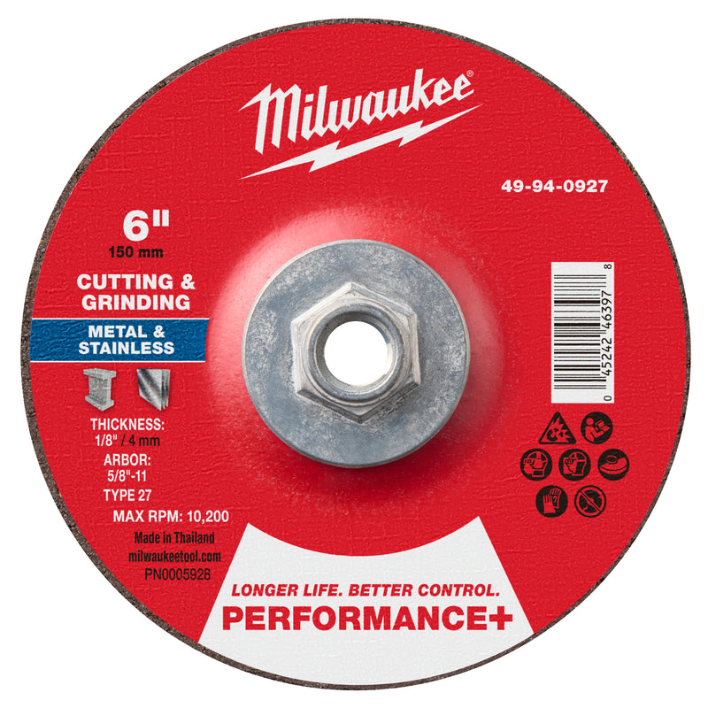 Milwaukee 49-94-0927 6" x 1/8" x 5/8"-11 Performance+ Dual Metal Cut & Grind Wheel - Type 27 - Ace Tool Group - Milwaukee Tool
