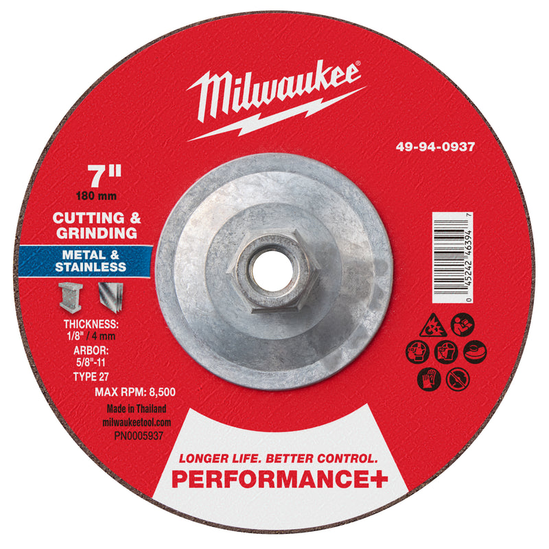 Milwaukee 49-94-0937 7" x 1/8" x 5/8"-11 Performance+ Dual Metal Cut & Grind Wheel - Type 27 - Ace Tool Group - Milwaukee Tool