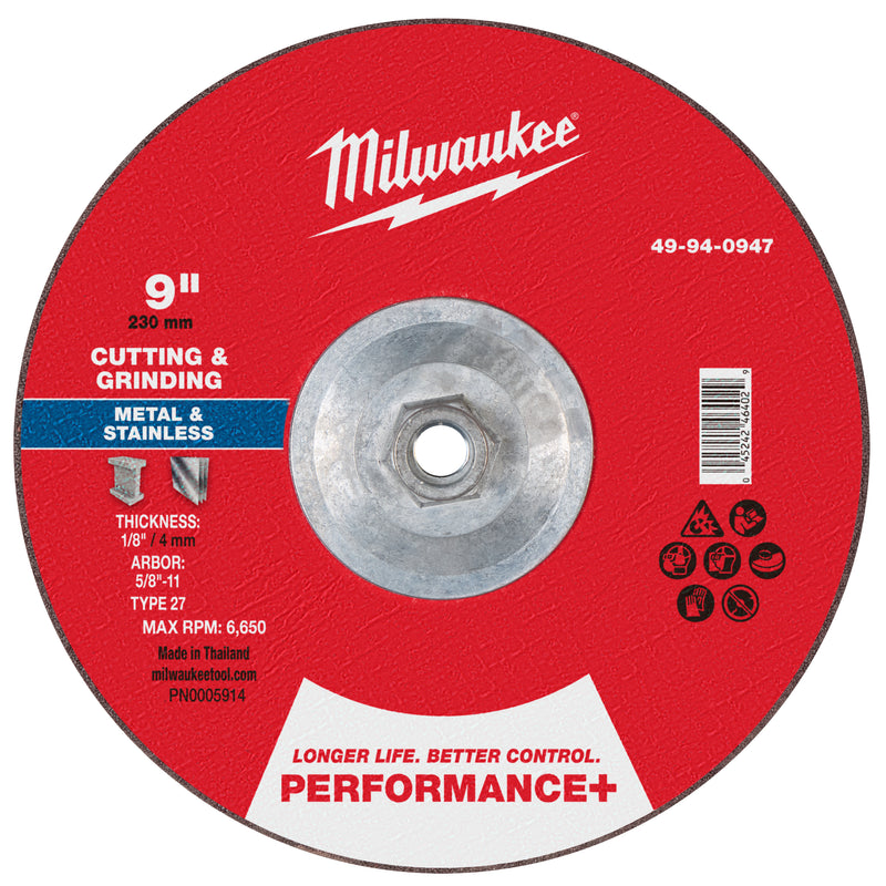 Milwaukee 49-94-0947 9" x 1/8" x 5/8"-11 Performance+ Dual Metal Cut & Grind Wheel - Type 27 - Ace Tool Group - Milwaukee Tool
