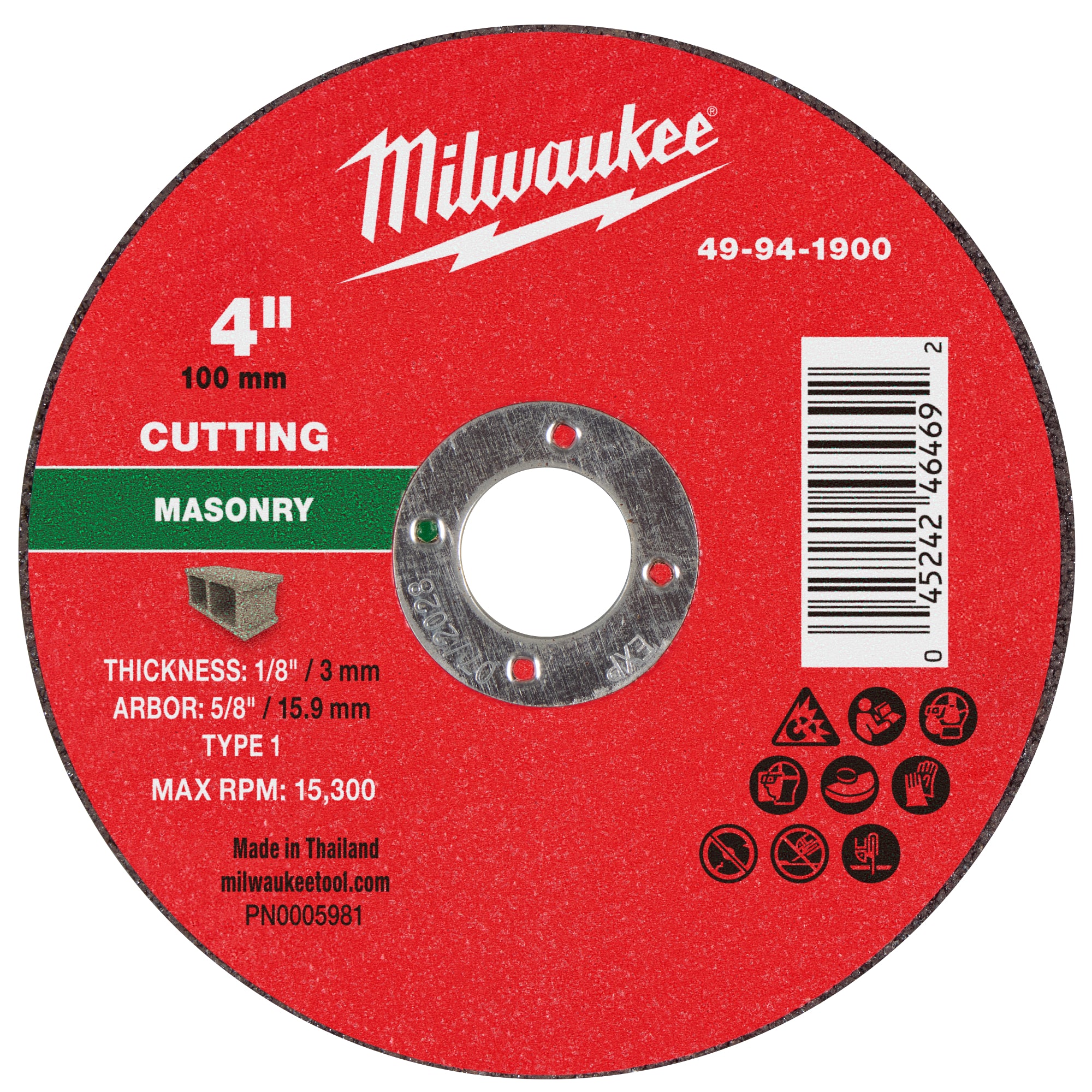 Milwaukee 49-94-1900 4" x 1/8" x 5/8" Masonry Cut Off Wheel -Type 1 - Ace Tool Group - Milwaukee Tool