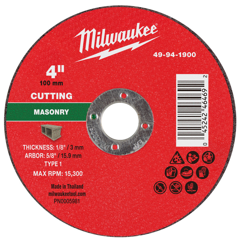 Milwaukee 49-94-1900 4" x 1/8" x 5/8" Masonry Cut Off Wheel -Type 1 - Ace Tool Group - Milwaukee Tool