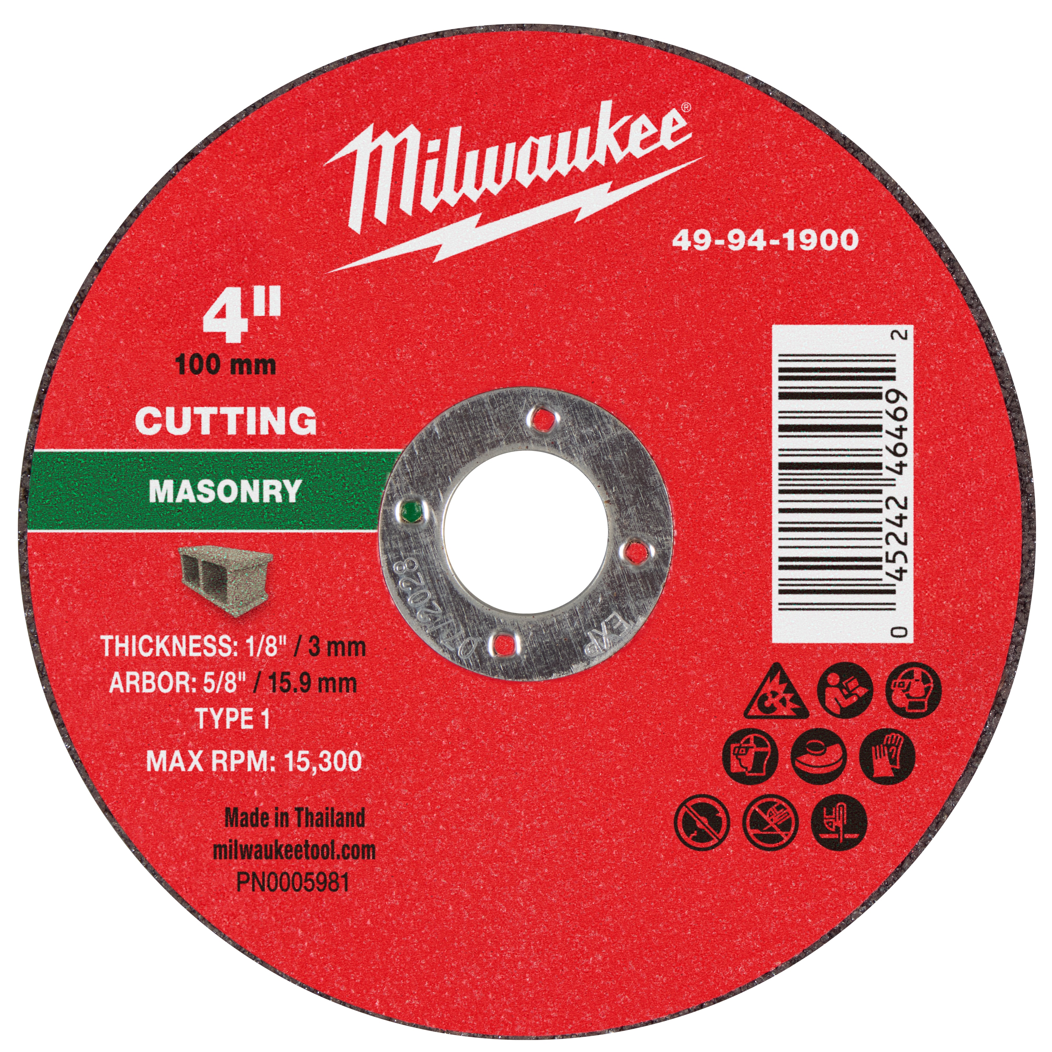 Milwaukee 49-94-1900 4" x 1/8" x 5/8" Masonry Cut Off Wheel -Type 1 - Ace Tool Group - Milwaukee Tool