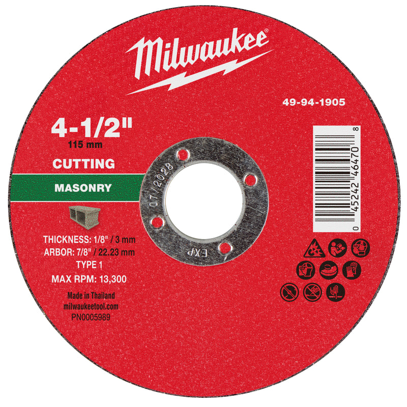 Milwaukee 49-94-1905 4-1/2" x 1/8" x 7/8" Masonry Cut Off Wheel -Type 1 - Ace Tool Group - Milwaukee Tool