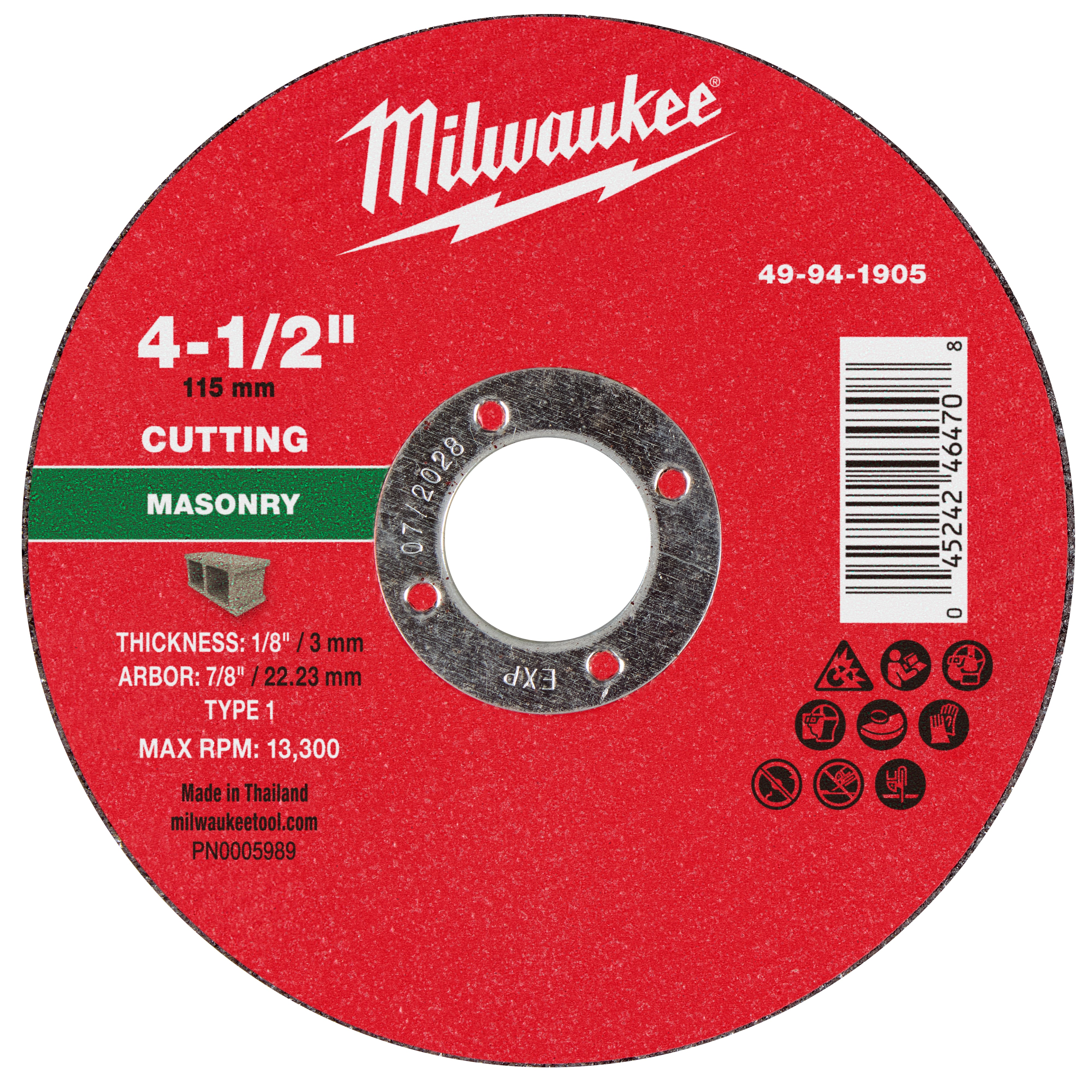 Milwaukee 49-94-1905 4-1/2" x 1/8" x 7/8" Masonry Cut Off Wheel -Type 1 - Ace Tool Group - Milwaukee Tool
