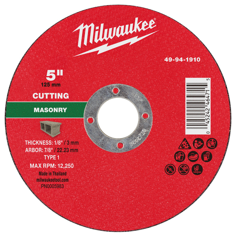 Milwaukee 49-94-1910 5" x 1/8" x 7/8" Masonry Cut Off Wheel -Type 1 - Ace Tool Group - Milwaukee Tool