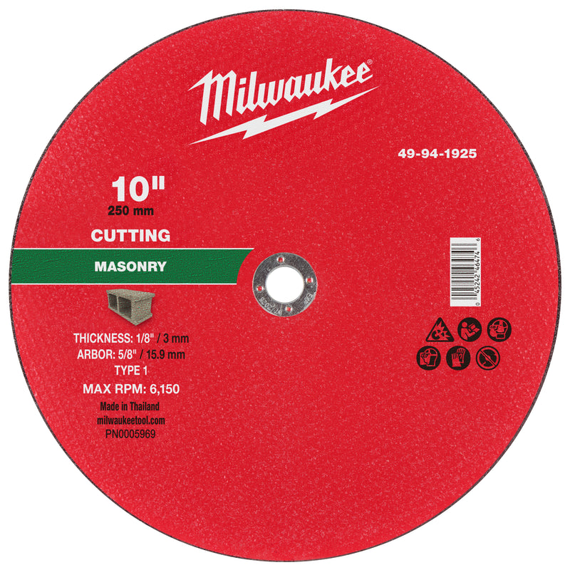 Milwaukee 49-94-1925 10" x 1/8" x 5/8" Masonry Cut Off Wheel -Type 1 - Ace Tool Group - Milwaukee Tool