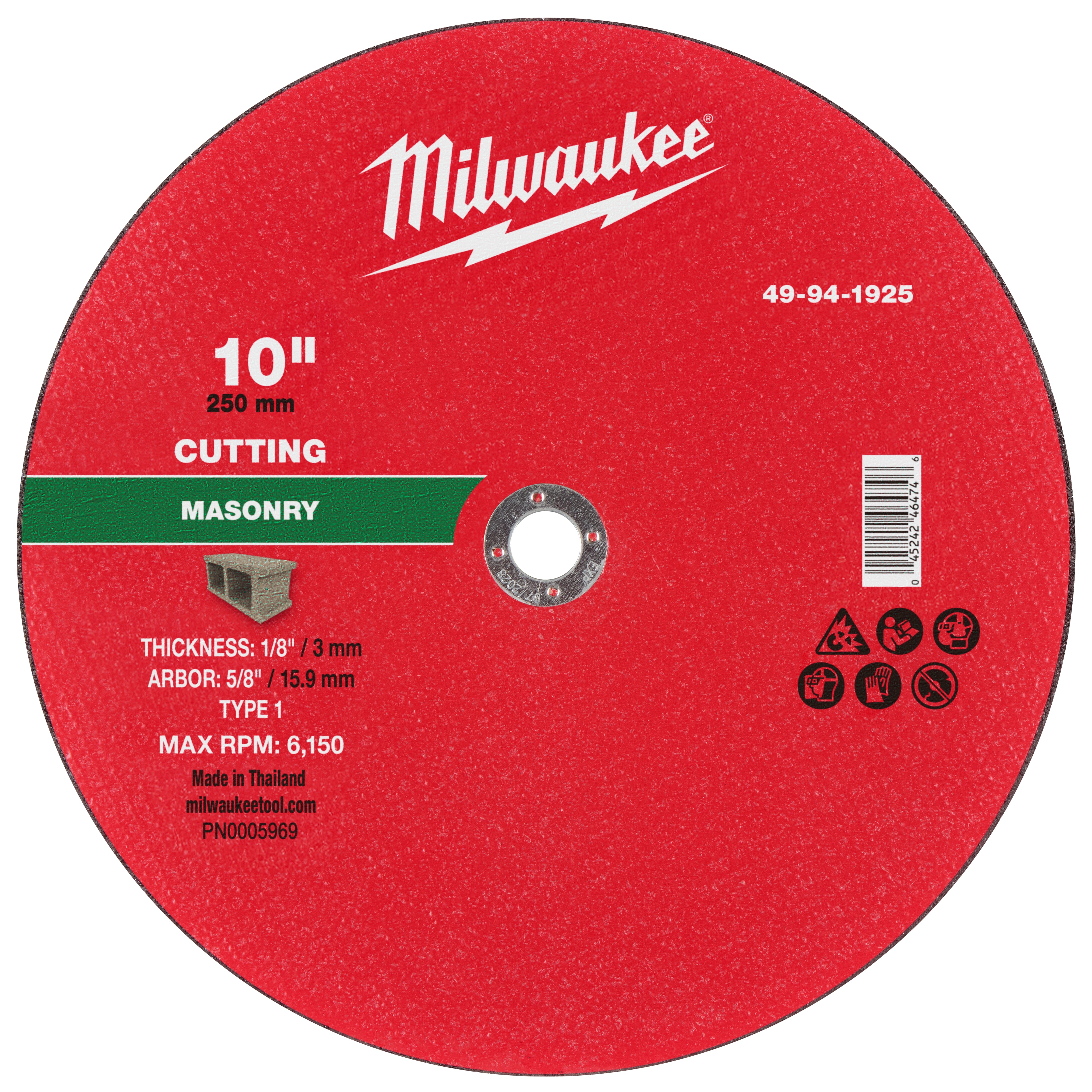 Milwaukee 49-94-1925 10" x 1/8" x 5/8" Masonry Cut Off Wheel -Type 1 - Ace Tool Group - Milwaukee Tool