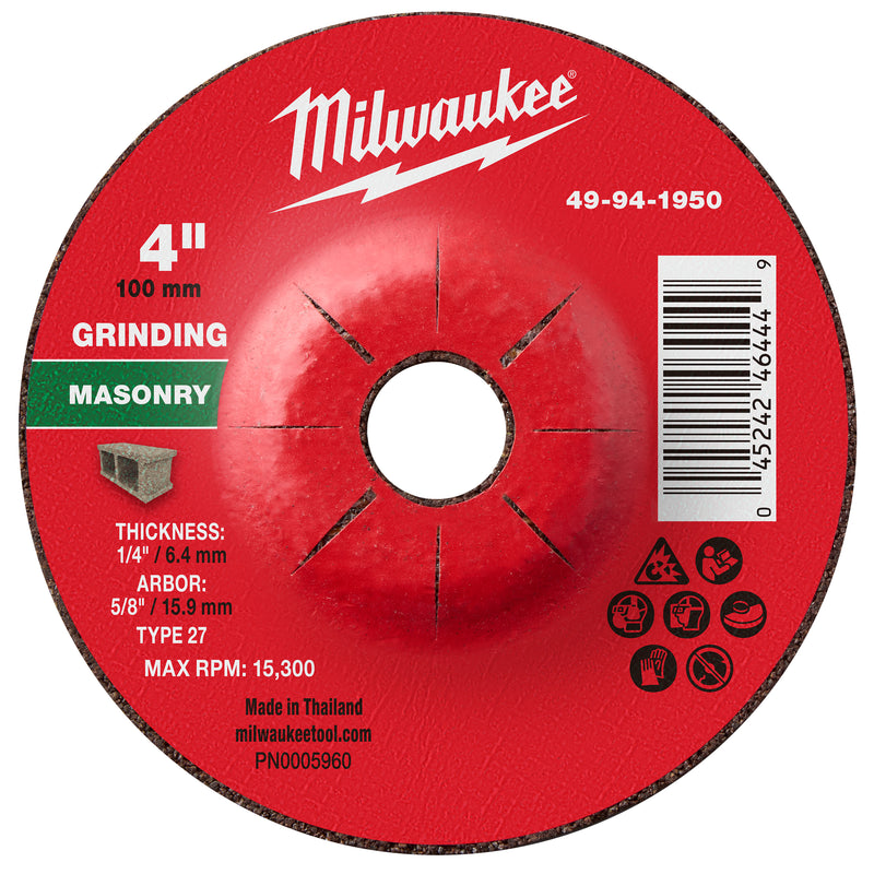 Milwaukee 49-94-1950 4" x 1/4" x 5/8" Masonry Grinding  Wheel - Type 27 - Ace Tool Group - Milwaukee Tool