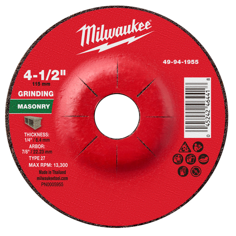 Milwaukee 49-94-1955 4-1/2" x 1/4" x 7/8" Masonry Grinding Wheel - Type 27 - Ace Tool Group - Milwaukee Tool