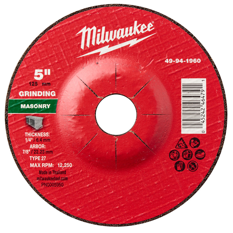 Milwaukee 49-94-1960 5" x 1/4" x 7/8" Masonry Grinding Wheel - Type 27 - Ace Tool Group - Milwaukee Tool