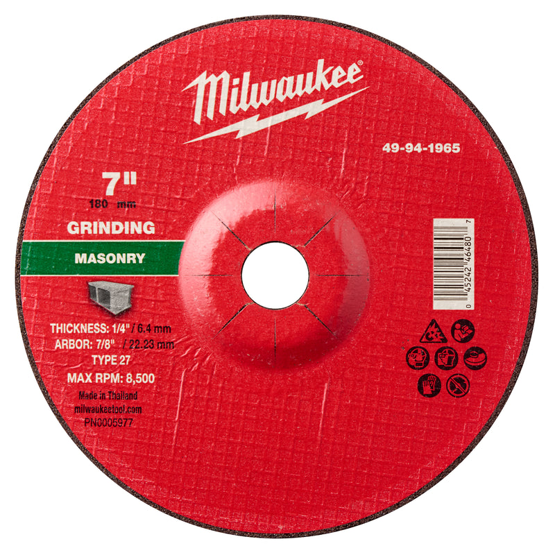Milwaukee 49-94-1965 7" x 1/4" x 7/8" Masonry Grinding  Wheel - Type 27 - Ace Tool Group - Milwaukee Tool