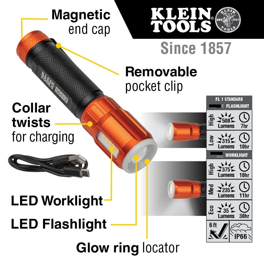 Klein 56412 Rechargeable LED Flashlight with Worklight - Ace Tool Group - Klein