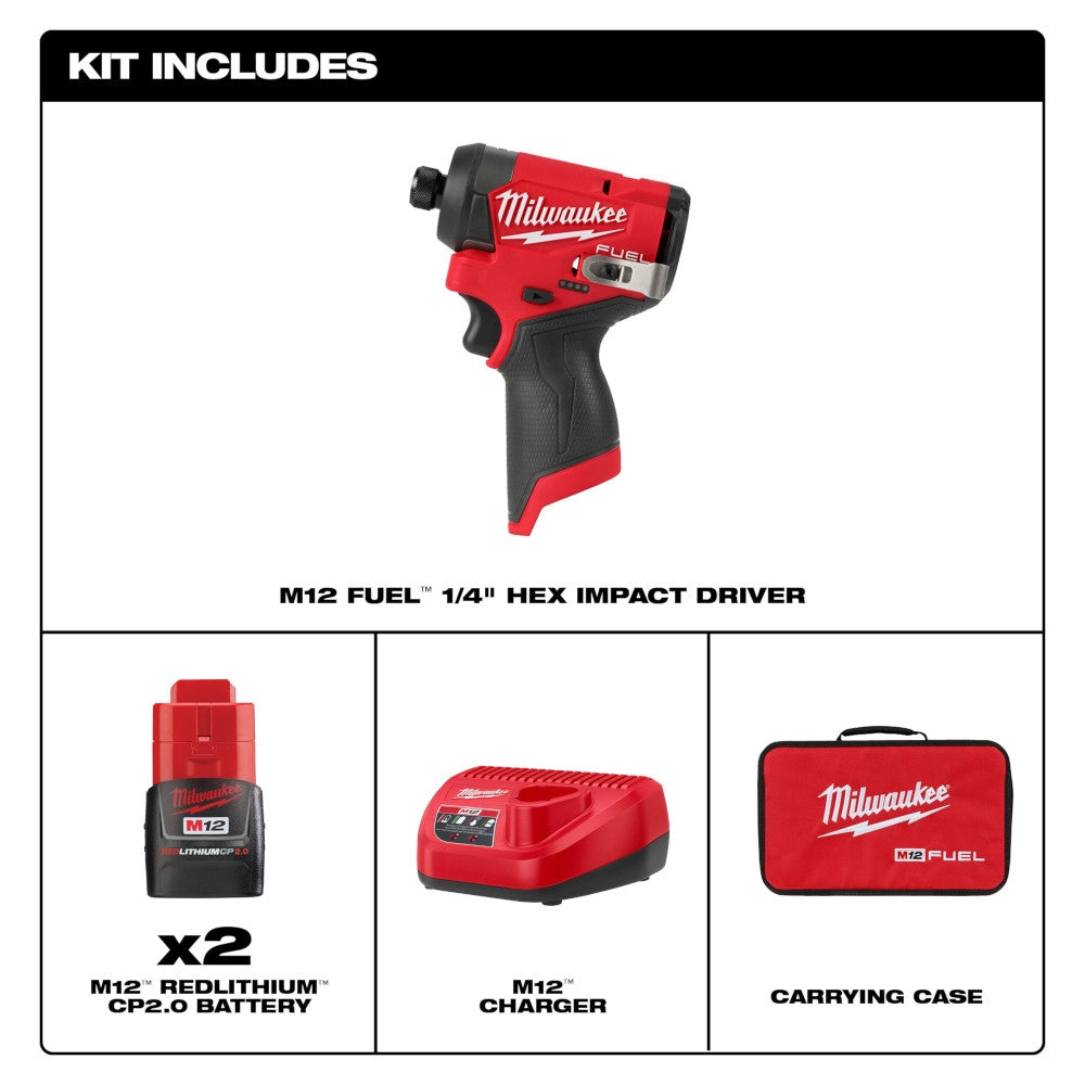 Milwaukee 3453-22 M12 FUEL 1/4 in. Hex Impact Kit - Ace Tool Group - Milwaukee
