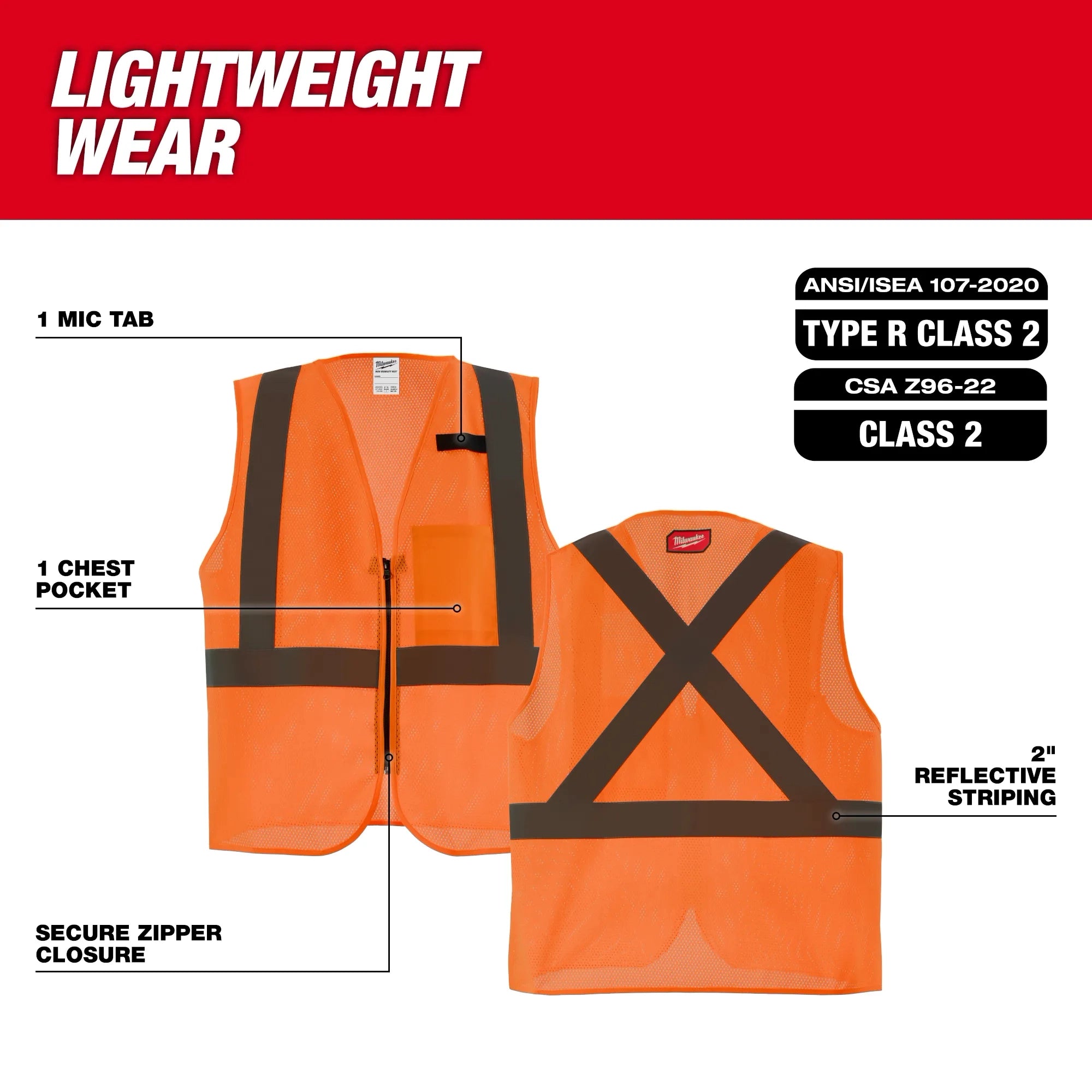 Milwaukee Class 2 High Visibility Orange  Mesh One Pocket Safety Vest - 2X/3X-CSA - Ace Tool Group - Milwaukee