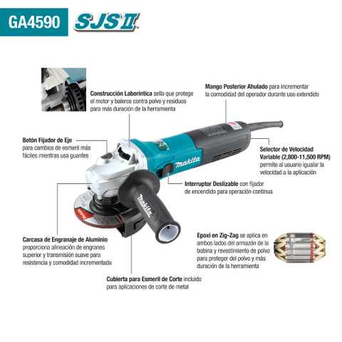 Makita 4-1/2" SJSÃ¢â€žÂ¢II Angle Grinder, 15 AMP, 2,800-11,500 RPM, var. spd., 5/8"-11, no lock-off, lock-on - Ace Tool Group - Makita