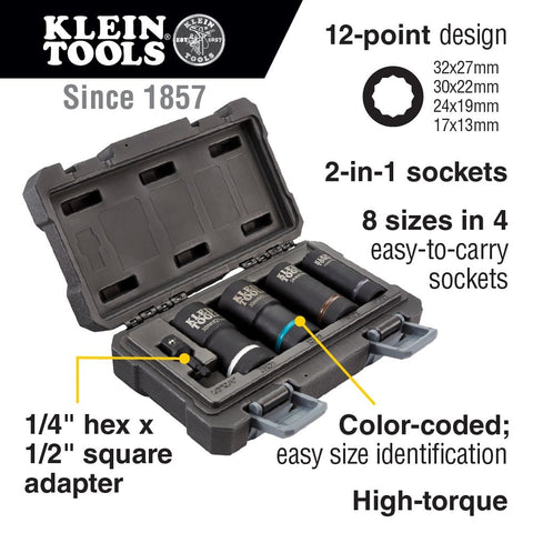 Klein 66050E 2-in-1 Metric Impact Socket Set, 12 pt, 5 pc - Ace Tool Group - Klein