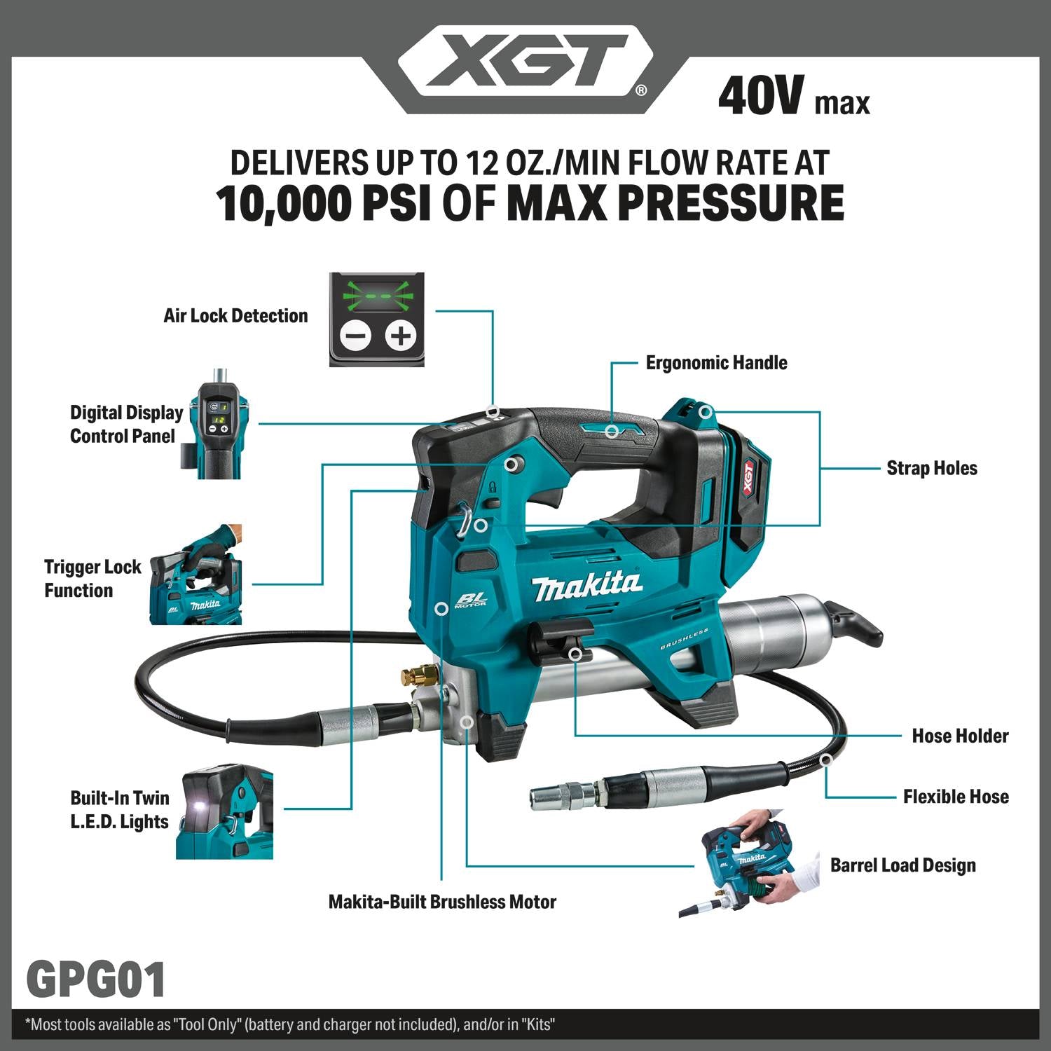 Makita GPG01Z 40V max XGT Brushless Cordless Grease Gun, Tool Only