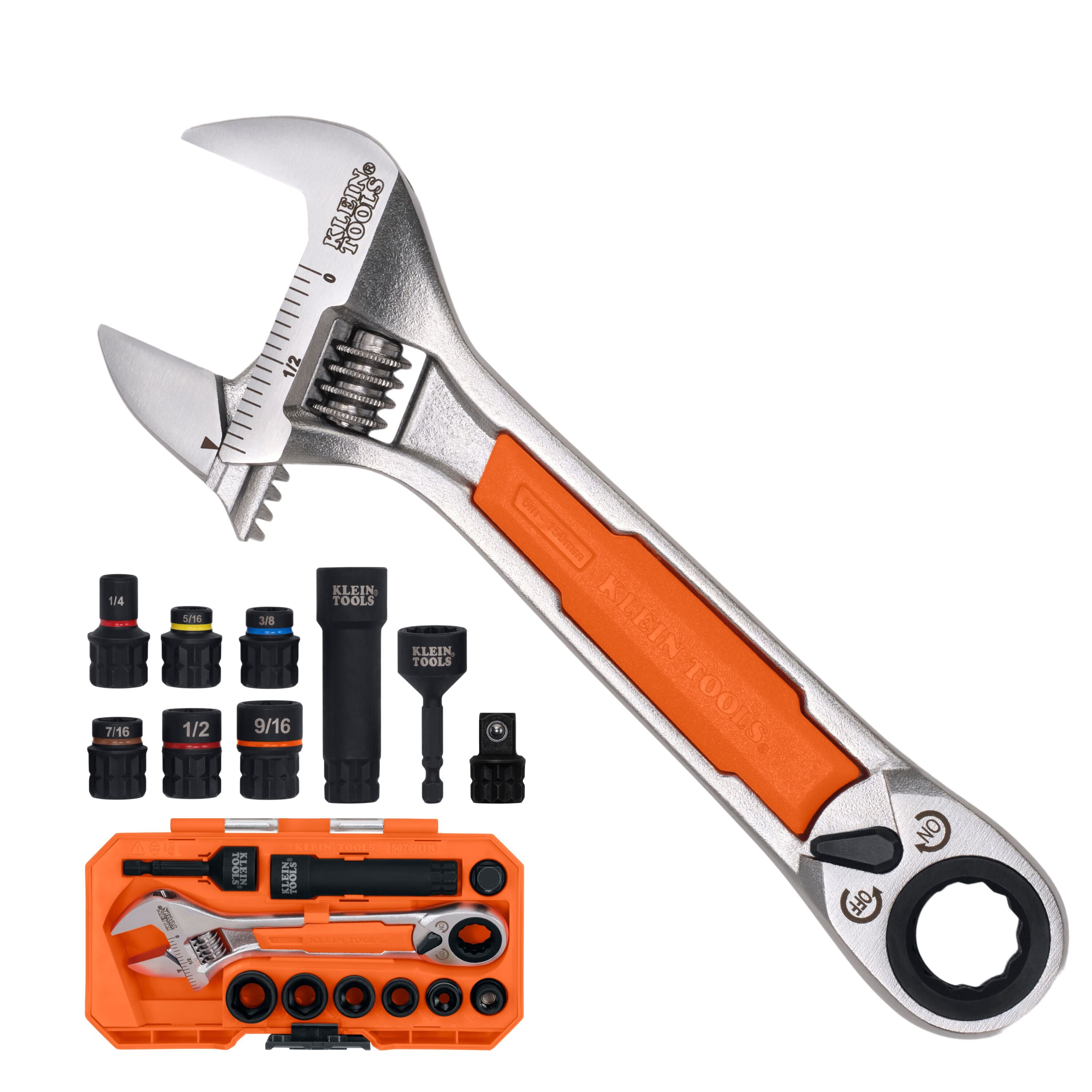 Klein 5076RTK KNECT 6-Inch Adjustable Wrench with Pass-Through Ratchet Set, 10-Piece