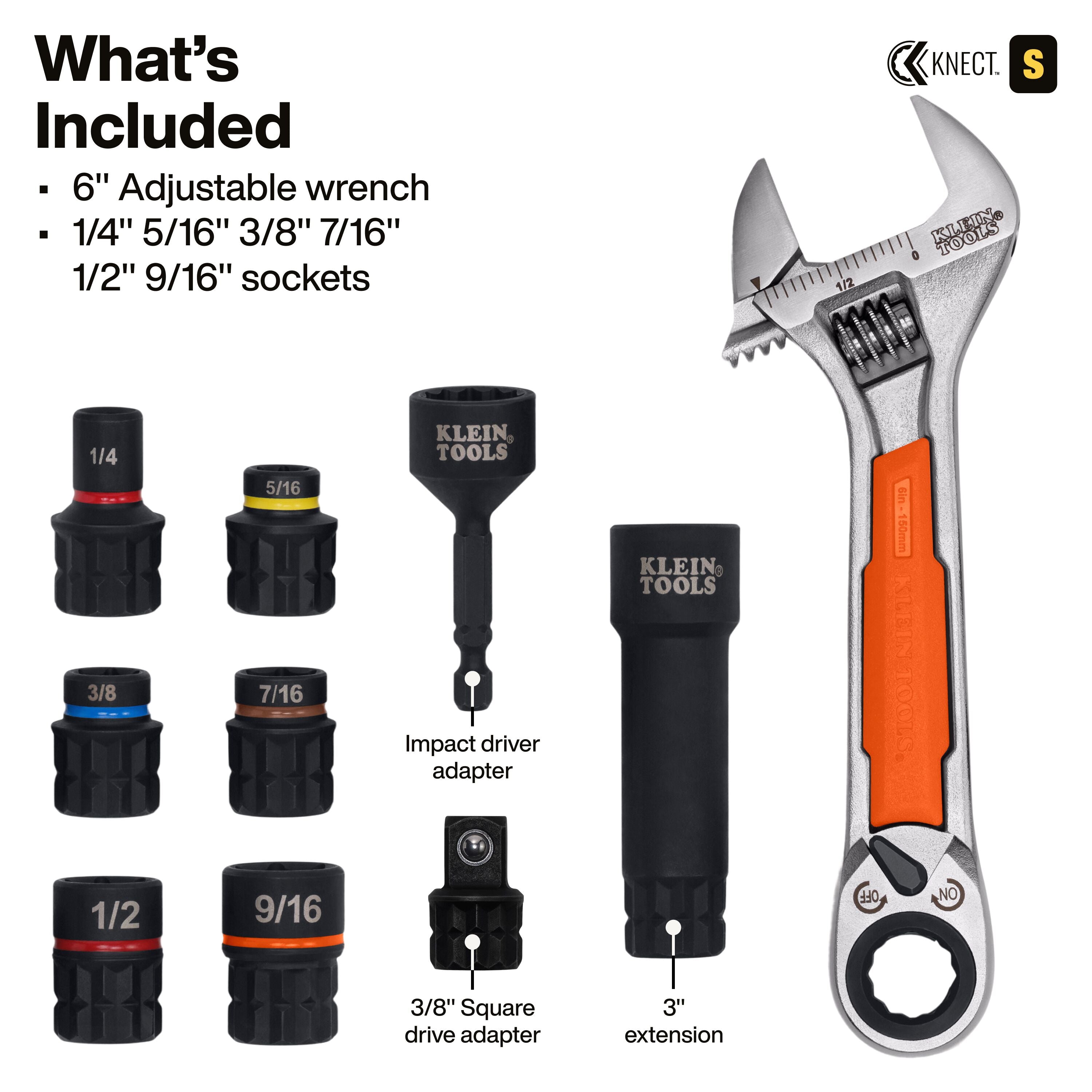 Klein 5076RTK KNECT 6-Inch Adjustable Wrench with Pass-Through Ratchet Set, 10-Piece