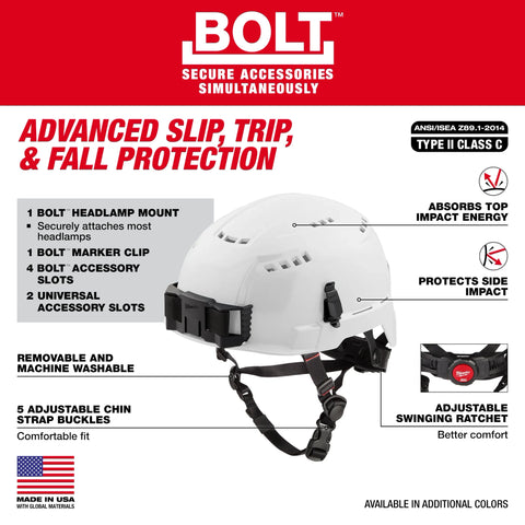 Milwaukee 48-73-1358 BOLT Red Vented Safety Helmet with IMPACT ARMOR Liner (USA) - Type 2, Class C - Ace Tool Group - Milwaukee