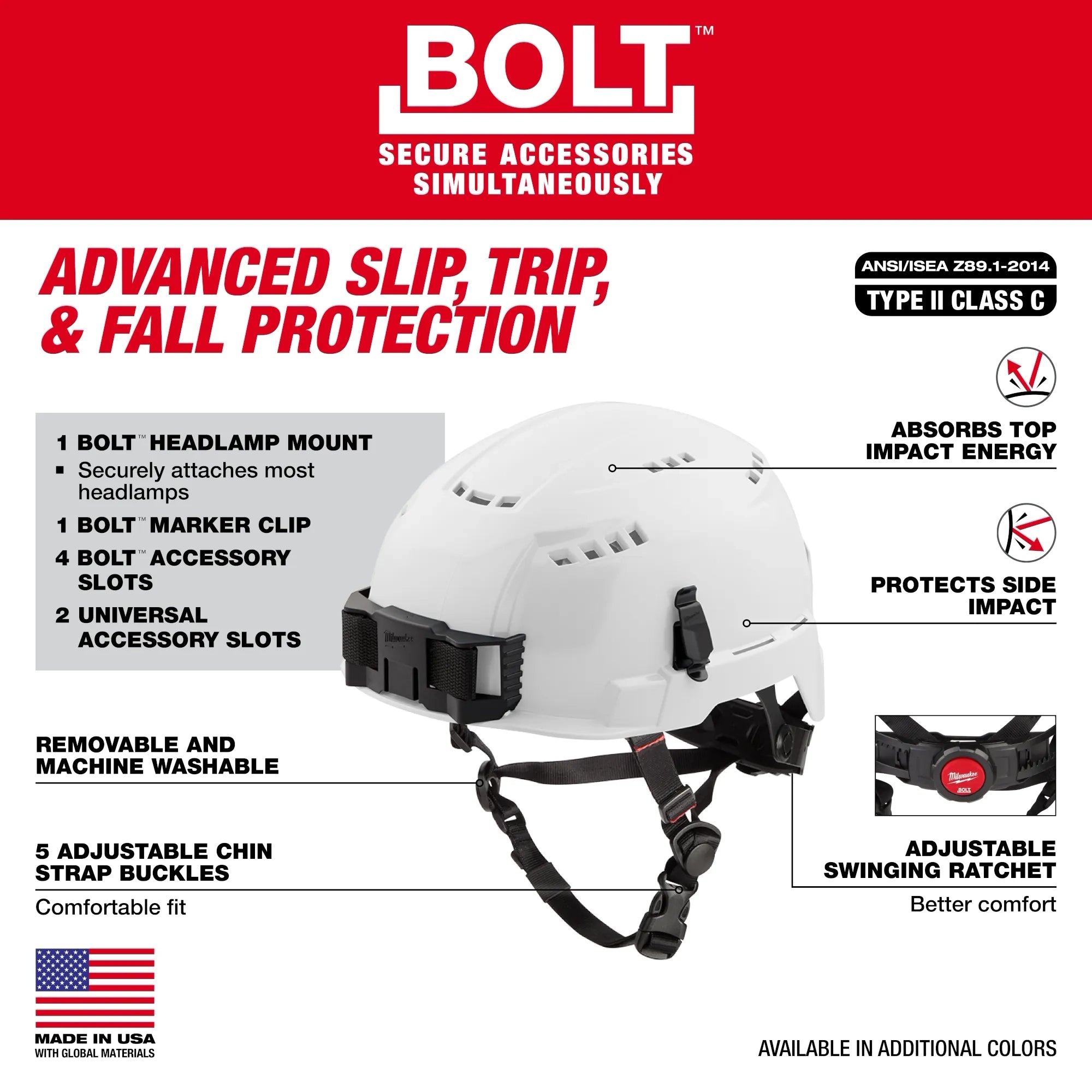 Milwaukee 48-73-1356 BOLT Green Vented Safety Helmet with IMPACT ARMOR Liner (USA) - Type 2, Class C - Ace Tool Group - Milwaukee