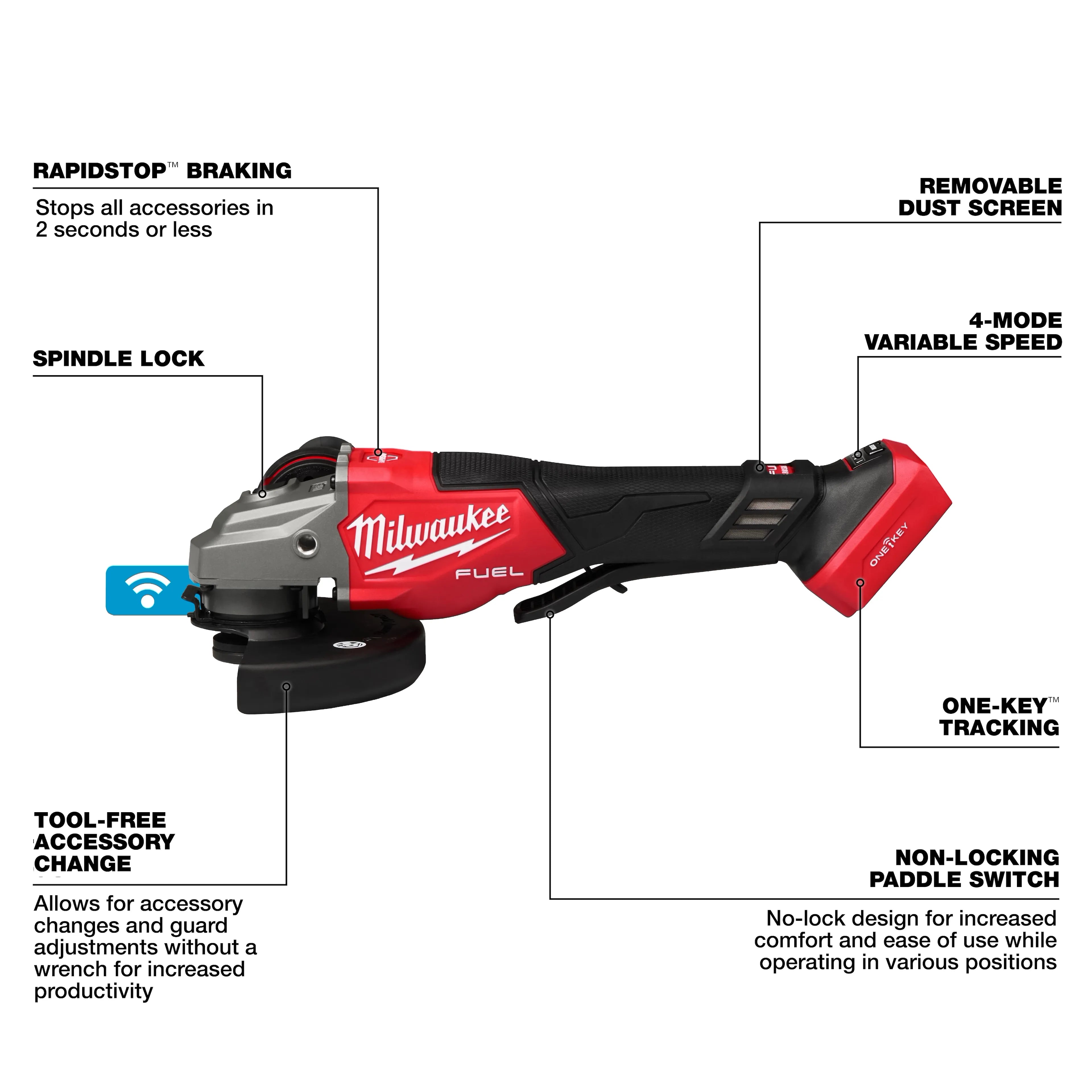 Milwaukee 3672-20 M18 FUEL 4-1/2"-6" Variable Speed Braking Grinder, Paddle Switch w/ ONE-KEY - Ace Tool Group - Milwaukee